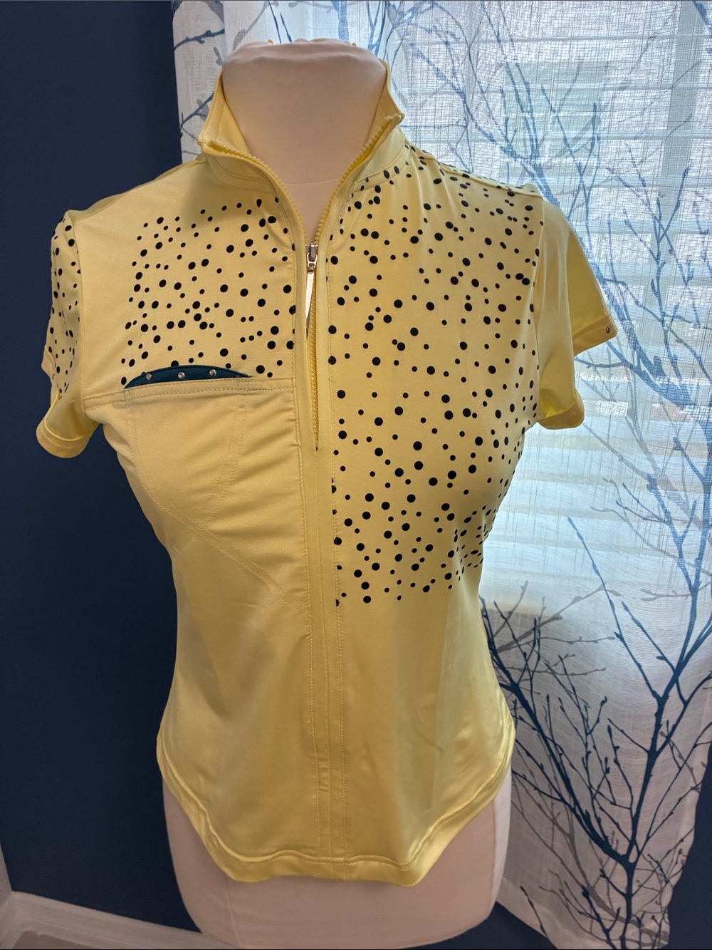 Jamie Sadock Yellow Short-Sleeve Zip Front Top with Dot Detail